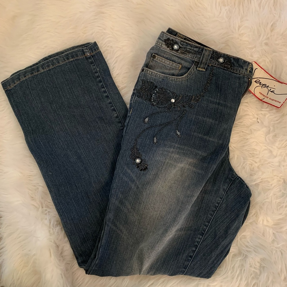 Embroidered Beaded Jeans by Venezia. Size 16